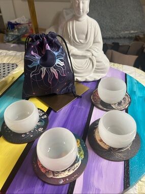Caribbean Calcite Crystal Tea Set(4) with Yin/Yang Coasters & Drawstring Bag NWT